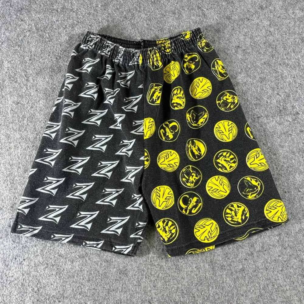 VINTAGE 90s Power Rangers Shorts Kids Small Black Yellow Graphic Split Spellout